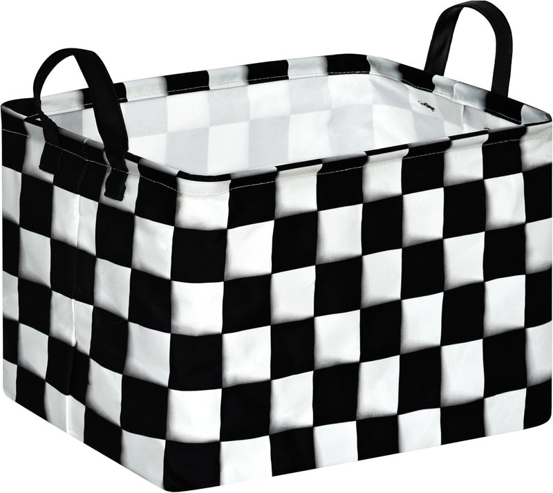 KUNRO Rectang Checkered Flag Storage Basket Gift Shelf Basket Storage Bin, Nursery Basket Organizer Box for With Handles for Room Deco - Image 1